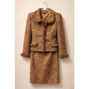 Albert Nipon Vintage 90s Brown Gold Jacquard Fur Trim Jacket Skirt Set 4